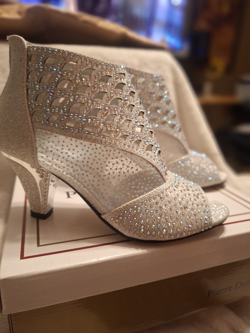 Pierre Dumas Silver Crystal Cutout Peep-Toe Heels
